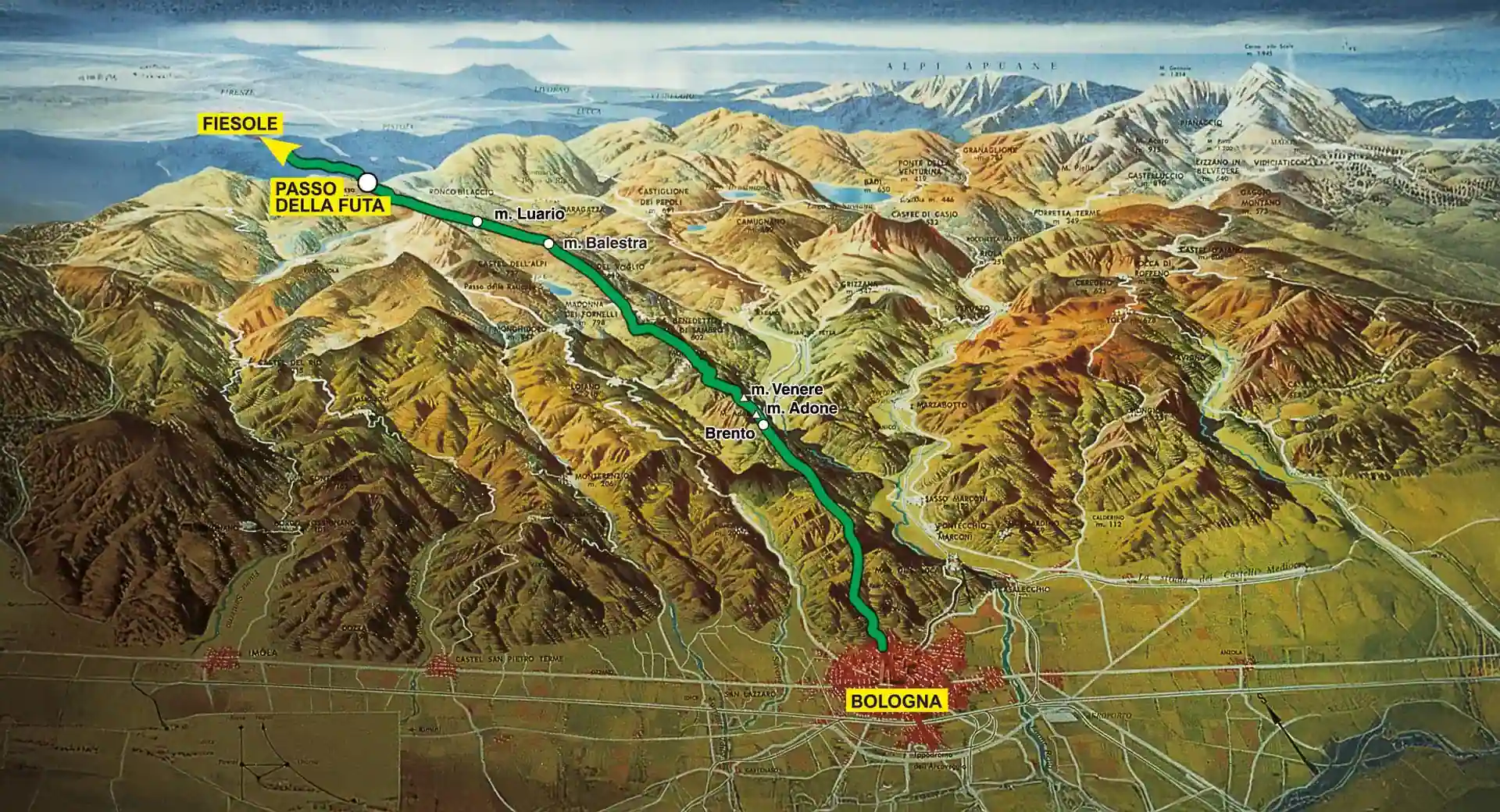 Mappa geografica dell'appennino tra Bologna e Fiesole